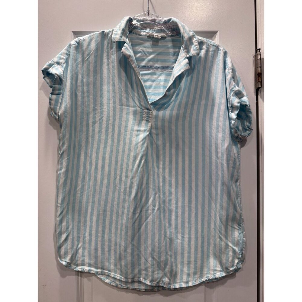 BeachLunchLounge S Blue White Striped Popover Blouse Coastal Resort Top